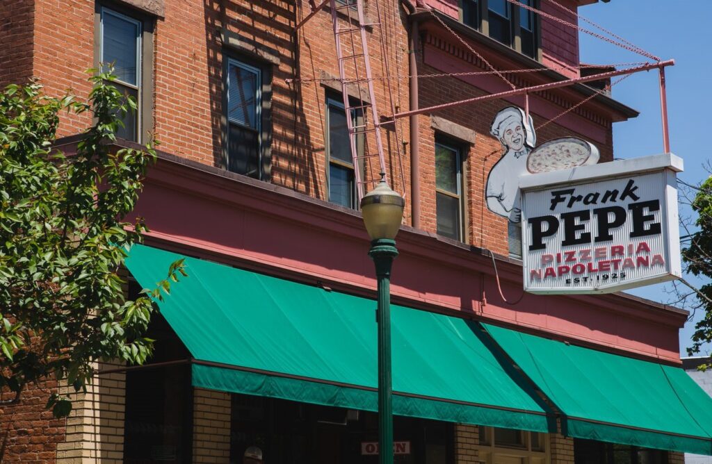 The exterior of the famous Frank Pepe pizzeria in New Haven, CT