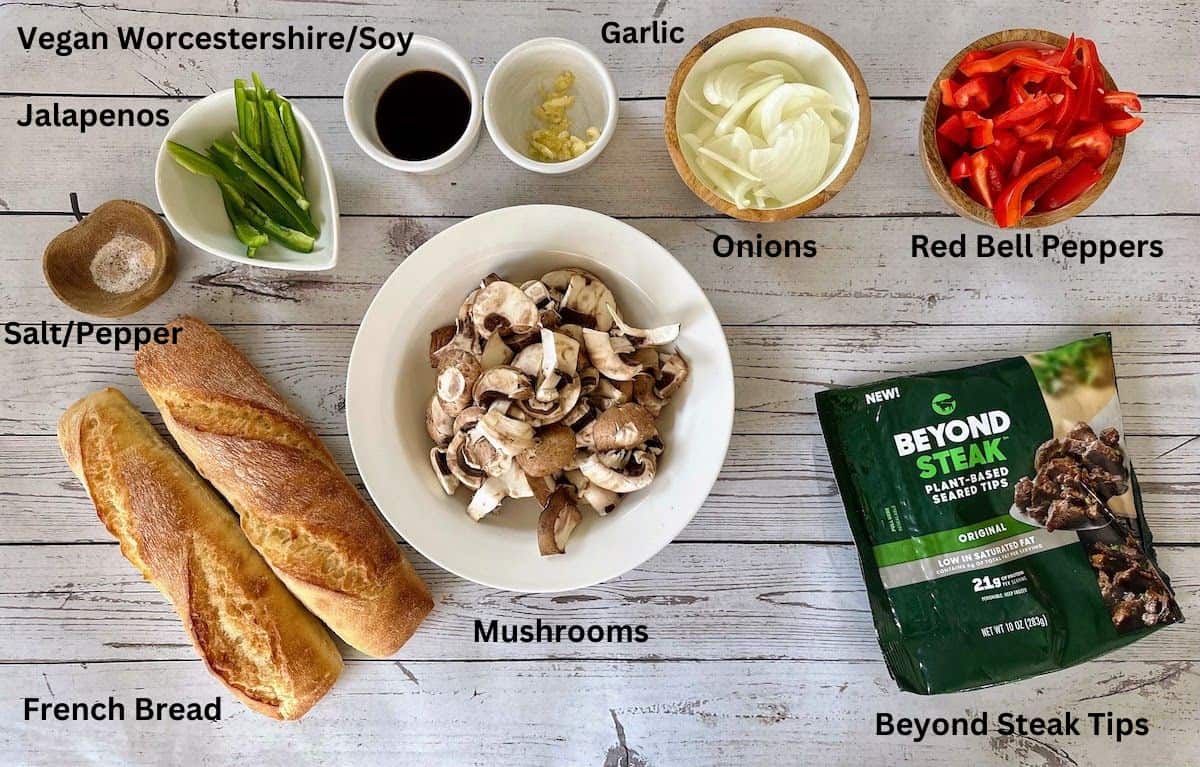 Beyond Steak Tips Recipe Ingredients: Beyond steak tips, mushrooms, jalapenos, red bell peppers, onions, garlic, soy and Worcestershire sauce, salt, pepper, and french bread.