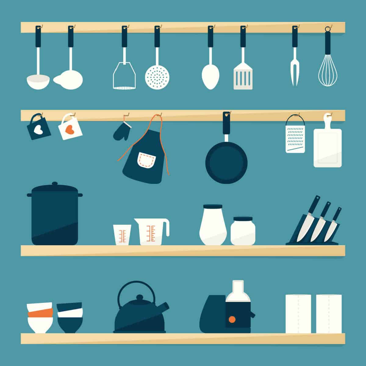 Illustration of kitchen shelves to highlight how many ounces in a quart.