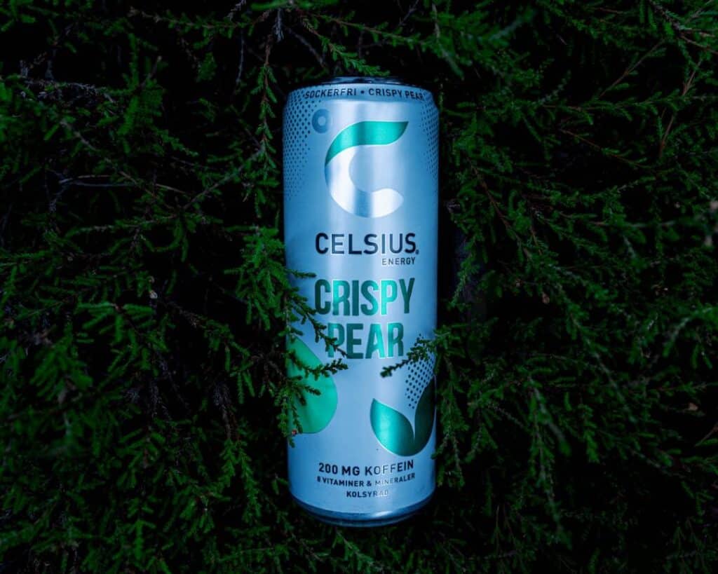 A can of Celsius energy drink in front of an evergreen bush. 