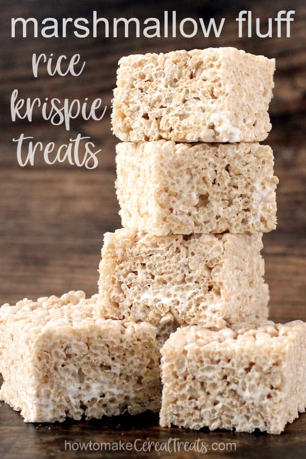 stack of square rice krispie treats made using marshmallow fluff