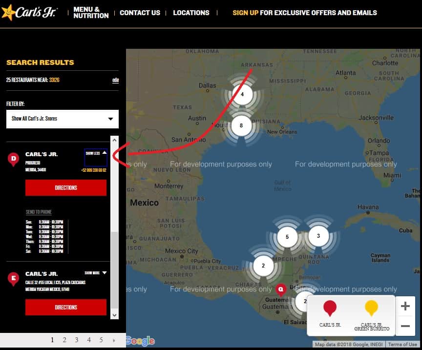 Carl's Jr. locations map with hours